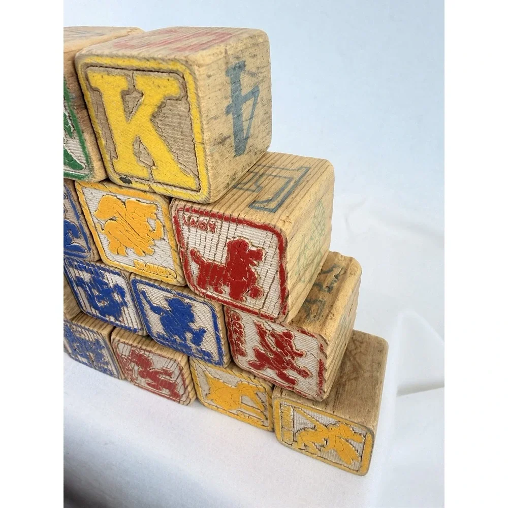 Vintage Wooden Alphabet Blocks‎ ABC Picture Toy Set 44 Nursery Rhyme Animals